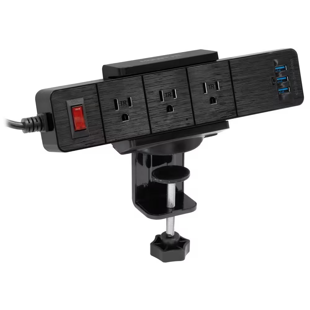 5 Ft. 3-Outlet Black Desktop Power Strip Surge Protector with 3 USB Ports