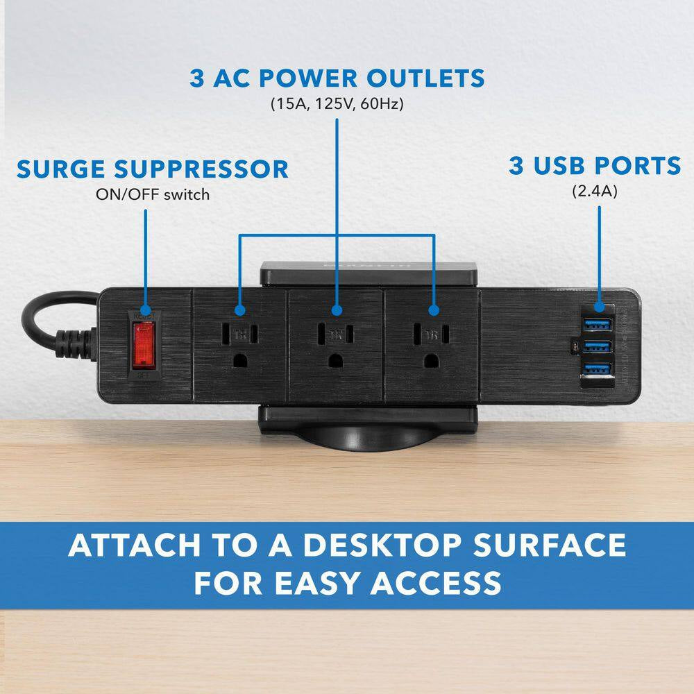 5 Ft. 3-Outlet Black Desktop Power Strip Surge Protector with 3 USB Ports