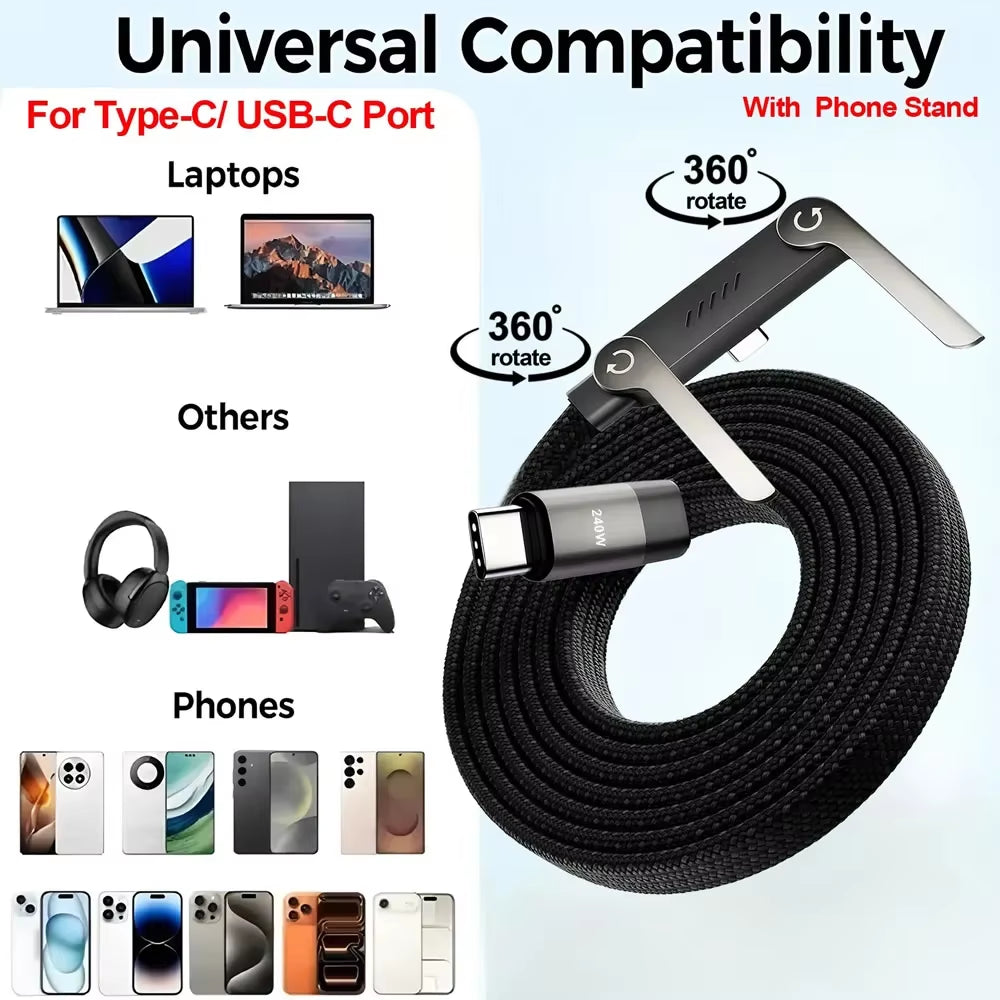 240W Type-C to Type C Cable Elbow Fast Charging Data Cable Foldable Stand Phone Holder for Iphone 17/16/15 for Samsung Charger